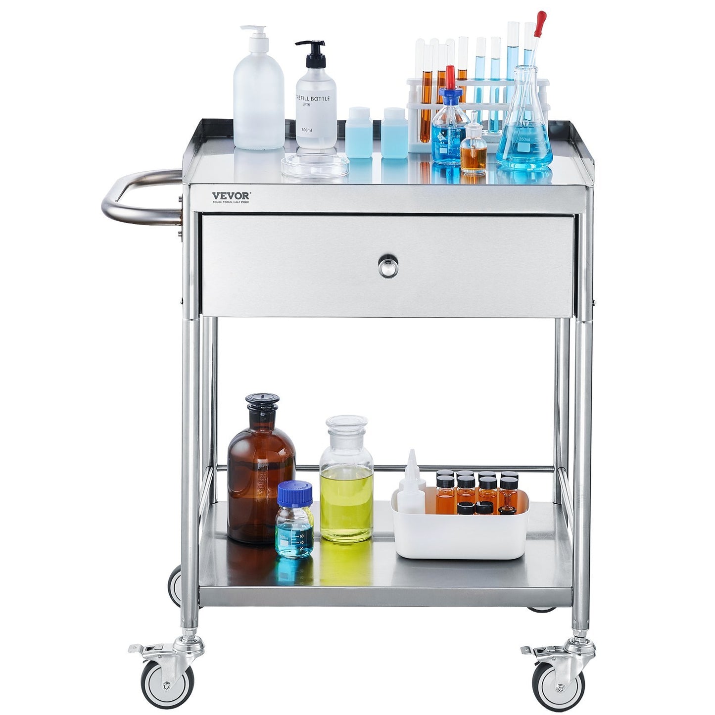 VEVOR Medical Cart, 2-Layer Stainless Steel Cart 220 Lbs Weight Capacity, Lab Utility Cart With Silent Wheels And A Drawer For Lab, Clinic, Kitchen, Salon