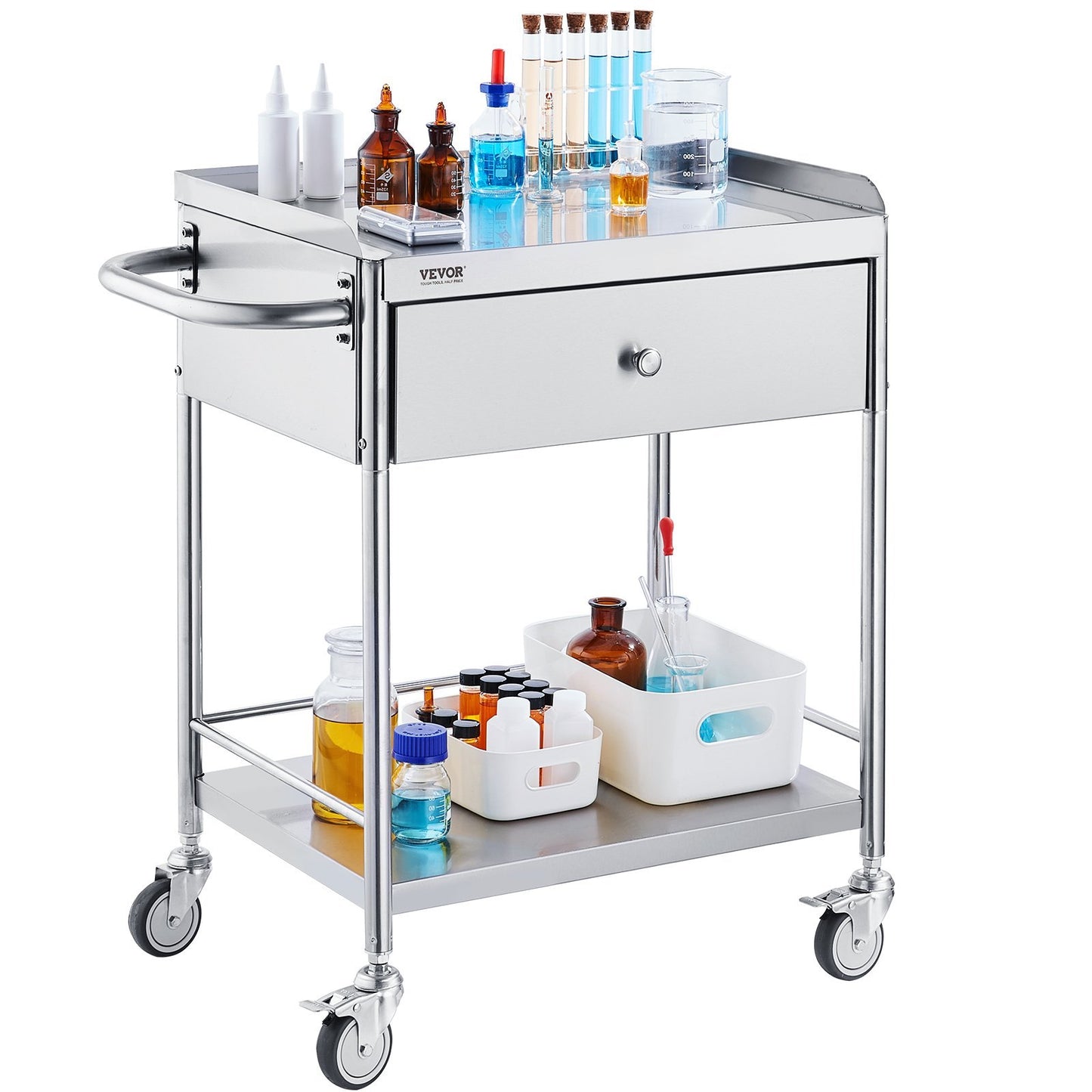 VEVOR Medical Cart, 2-Layer Stainless Steel Cart 220 Lbs Weight Capacity, Lab Utility Cart With Silent Wheels And A Drawer For Lab, Clinic, Kitchen, Salon