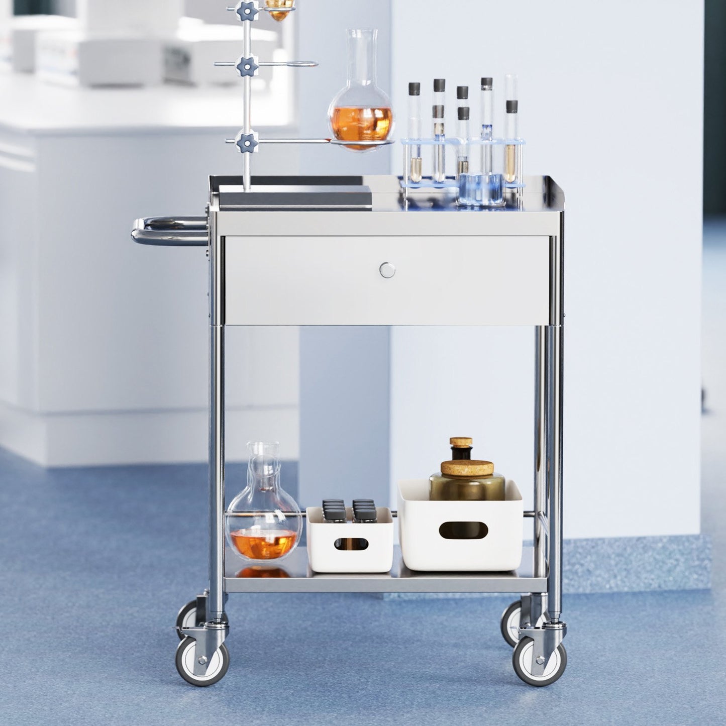 VEVOR Medical Cart, 2-Layer Stainless Steel Cart 220 Lbs Weight Capacity, Lab Utility Cart With Silent Wheels And A Drawer For Lab, Clinic, Kitchen, Salon