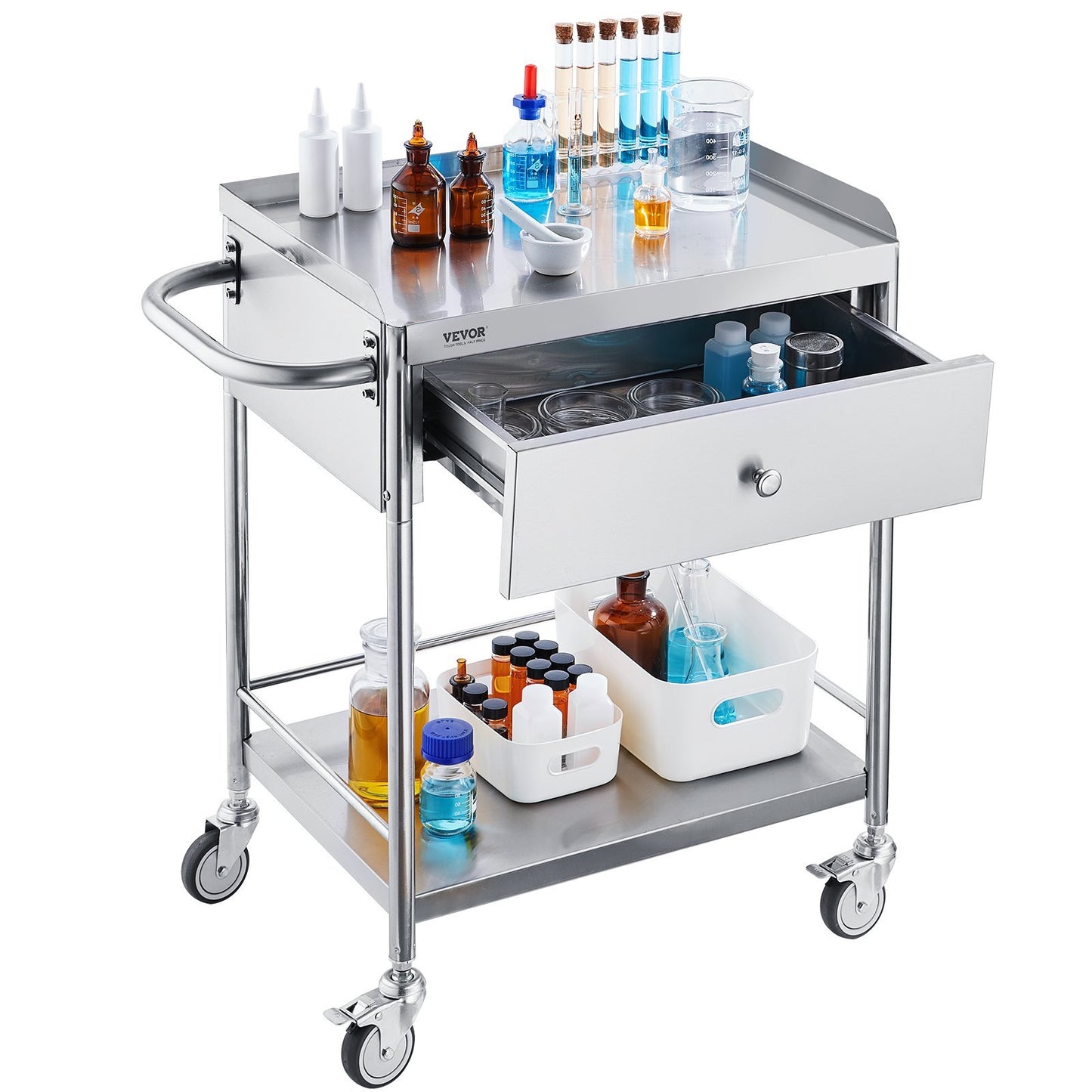 VEVOR Medical Cart, 2-Layer Stainless Steel Cart 220 Lbs Weight Capacity, Lab Utility Cart With Silent Wheels And A Drawer For Lab, Clinic, Kitchen, Salon