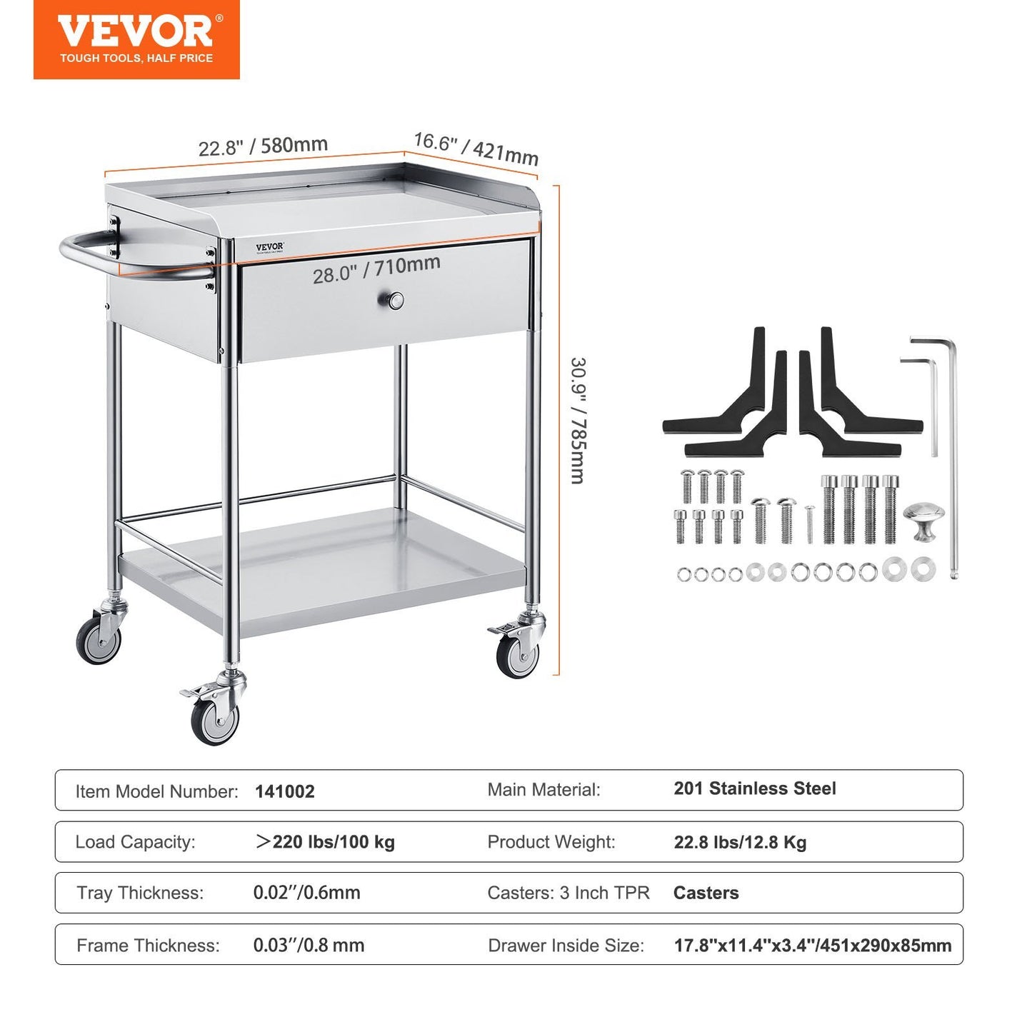 VEVOR Medical Cart, 2-Layer Stainless Steel Cart 220 Lbs Weight Capacity, Lab Utility Cart With Silent Wheels And A Drawer For Lab, Clinic, Kitchen, Salon