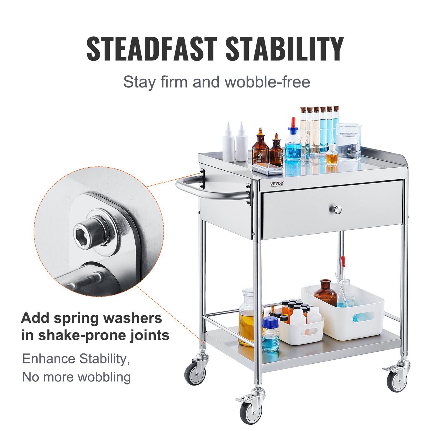 VEVOR Medical Cart, 2-Layer Stainless Steel Cart 220 Lbs Weight Capacity, Lab Utility Cart With Silent Wheels And A Drawer For Lab, Clinic, Kitchen, Salon