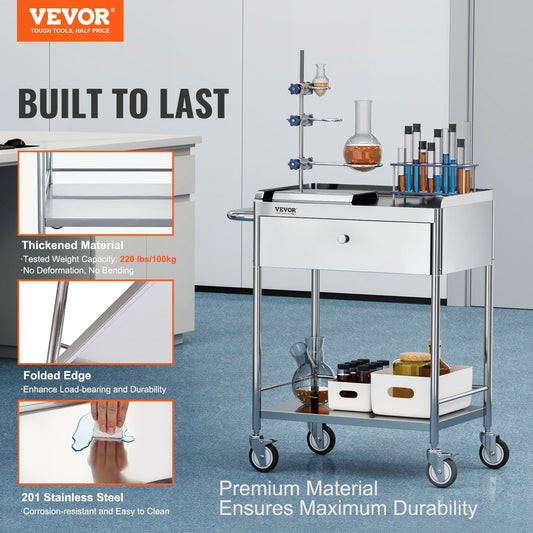 VEVOR Medical Cart, 2-Layer Stainless Steel Cart 220 Lbs Weight Capacity, Lab Utility Cart With Silent Wheels And A Drawer For Lab, Clinic, Kitchen, Salon